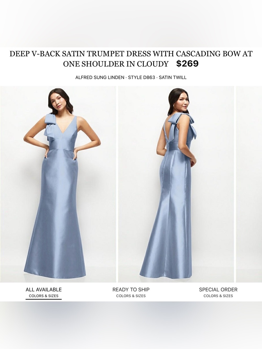 ALFRED SUNG Cloudy Blue Bow-Shoulder Satin Trumpet Gown with Cascading Bow
